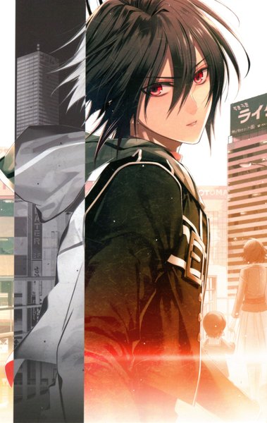 Anime picture 2048x3240 with amnesia idea factory shin (amnesia) hanamura mai tall image looking at viewer fringe highres short hair black hair red eyes lips boy hood building (buildings)