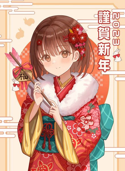 Anime picture 2888x3937 with original where (whereverer) single tall image looking at viewer fringe highres short hair smile brown hair holding brown eyes upper body long sleeves traditional clothes japanese clothes hair flower wide sleeves fur trim floral print