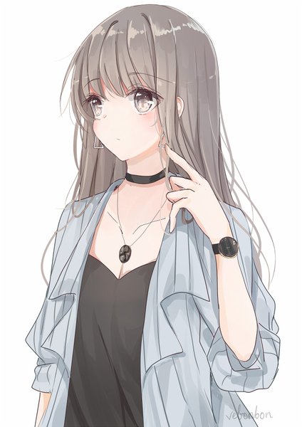 Anime picture 650x919 with original venn (vebonbon) single long hair tall image blush fringe breasts simple background hair between eyes white background looking away cleavage upper body grey hair open clothes grey eyes holding hair twisty sleeves girl