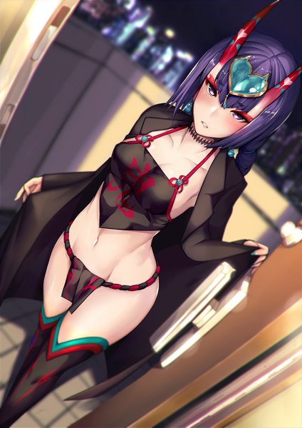 Anime picture 912x1290 with fate (series) fate/grand order shuten douji (fate) shuten douji (halloween caster) (fate) satou daiji single tall image looking at viewer blush fringe short hair breasts light erotic hair between eyes standing purple eyes purple hair nail polish parted lips horn (horns)