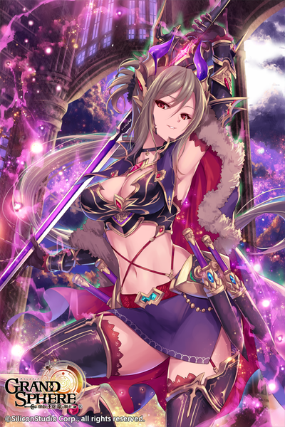 Anime picture 610x915 with grand sphere fukai ryosuke single tall image looking at viewer fringe breasts light erotic smile hair between eyes red eyes brown hair large breasts holding sky cleavage bent knee (knees) very long hair parted lips horn (horns)
