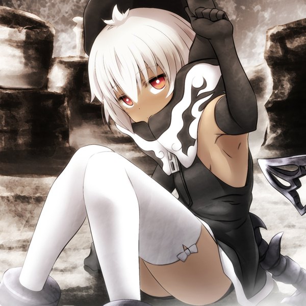Anime picture 1500x1500 with black rock shooter strength (black rock shooter) watarui single looking at viewer short hair sitting white hair orange eyes girl thighhighs gloves white thighhighs black gloves elbow gloves hood