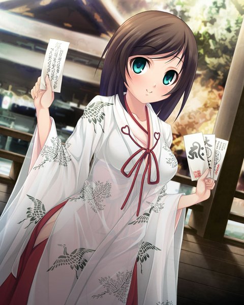 Anime picture 640x800 with original aocchi single long hair tall image looking at viewer blush breasts blue eyes smile brown hair standing holding traditional clothes japanese clothes inscription shadow animal print bird print girl