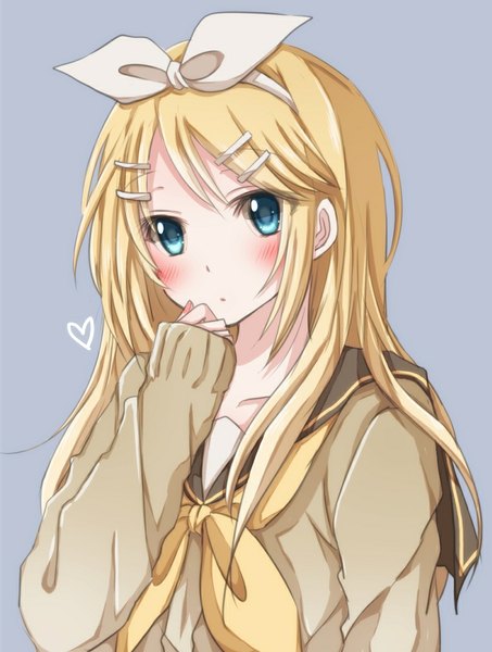 Anime picture 811x1073 with vocaloid kagamine rin hiro (hirohiro31) single long hair tall image blush blue eyes simple background blonde hair looking away upper body long sleeves sleeves past wrists hand to mouth future style (module) girl uniform hair ornament bow