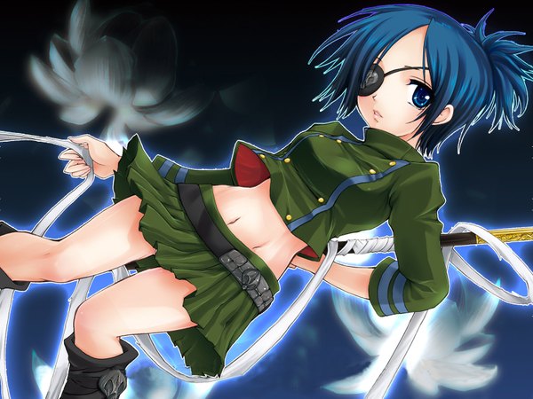 Anime picture 1600x1200 with katekyou hitman reborn chrome dokuro single looking at viewer short hair blue eyes holding blue hair bent knee (knees) ponytail parted lips bare belly character names arm behind back weightlessness girl uniform flower (flowers) belt bandage (bandages)
