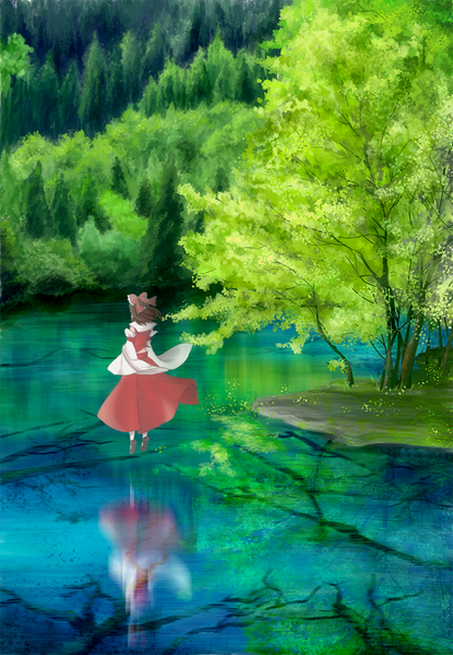 Anime picture 800x1155 with touhou hakurei reimu luoye single tall image short hair traditional clothes from behind realistic wide sleeves back reflection miko nature weightlessness lake girl bow plant (plants) hair bow