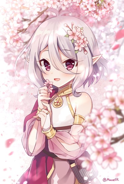 Anime picture 700x1036 with princess connect! re:dive princess connect! kokkoro (princess connect!) mauve single tall image blush fringe short hair open mouth hair between eyes purple eyes signed silver hair upper body :d hair flower pointy ears depth of field twitter username