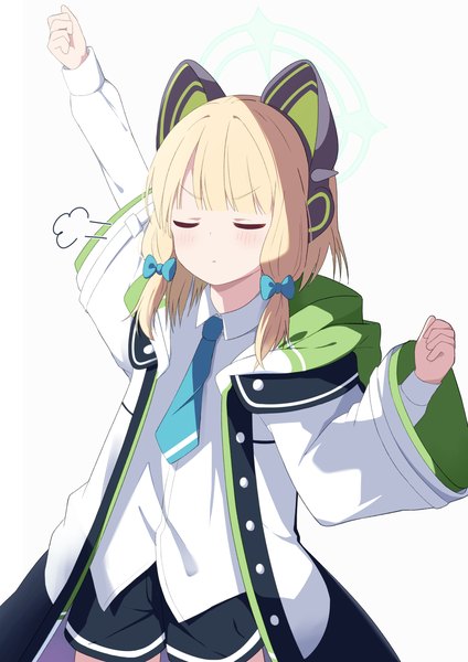Anime picture 1191x1684 with blue archive midori (blue archive) zundamochi (sera) single tall image short hair simple background blonde hair standing white background eyes closed arm up open jacket tress ribbon girl bow hair bow jacket headphones halo