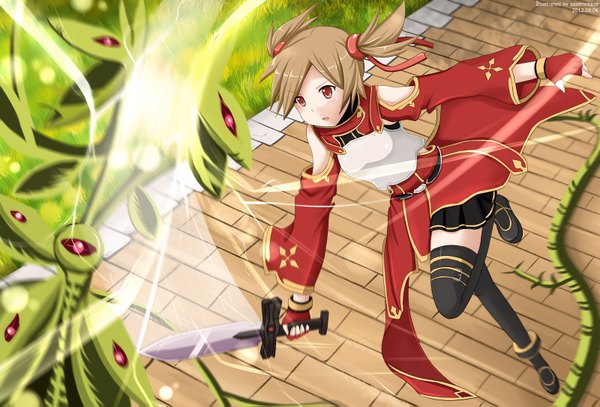 Anime picture 1600x1087 with sword art online a-1 pictures silica kazenokaze single short hair red eyes brown hair twintails short twintails battle girl thighhighs gloves hair ornament weapon black thighhighs plant (plants) detached sleeves sword