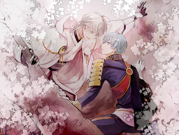 Anime picture 1720x1300 with touken ranbu nitroplus tsurumaru kuninaga ichigo hitofuri komori uta fringe highres short hair open mouth yellow eyes white hair traditional clothes parted lips japanese clothes fingernails arm support multiple boys cherry blossoms military boy