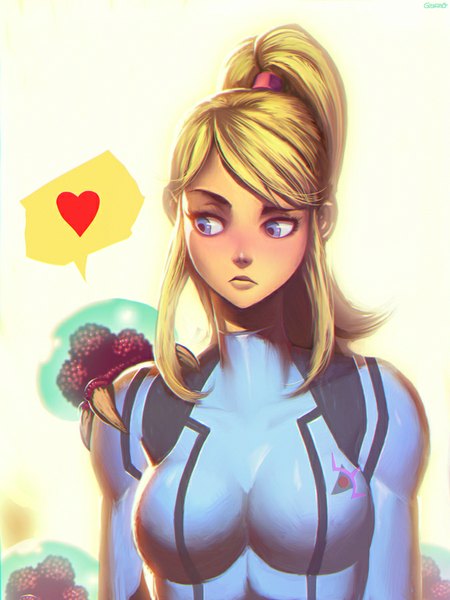 Anime picture 675x900 with metroid samus aran metroid (creature) genzoman single long hair tall image breasts blue eyes blonde hair looking away ponytail girl heart bodysuit speech bubble claws zero suit