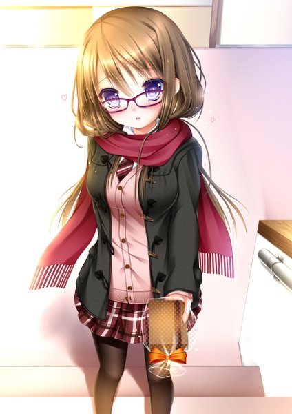 Anime picture 850x1202 with original shitou single long hair tall image looking at viewer brown hair purple eyes valentine girl skirt pantyhose glasses jacket scarf gift