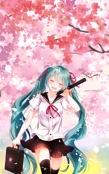 Anime picture 1199x1922 with vocaloid hatsune miku spring miku izumil single tall image open mouth smile twintails eyes closed very long hair aqua hair cherry blossoms graduation girl thighhighs skirt uniform flower (flowers) black thighhighs