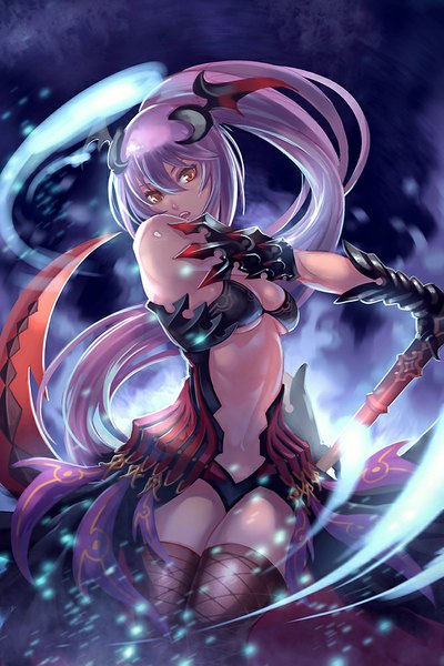 Anime picture 667x1000 with catwyz tall image fringe breasts open mouth light erotic holding ponytail very long hair orange eyes glow girl thighhighs gloves navel hair ornament weapon armor