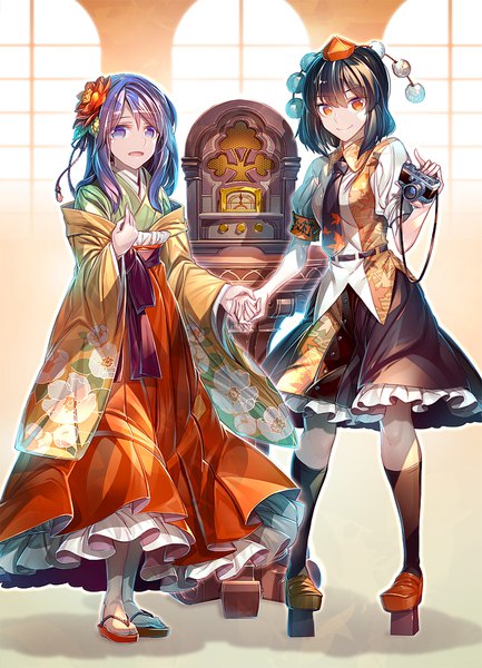 Anime picture 722x1000 with touhou shameimaru aya hieda no akyuu zounose long hair tall image fringe short hair open mouth black hair smile hair between eyes red eyes purple eyes multiple girls purple hair full body traditional clothes japanese clothes holding hands