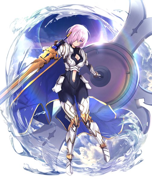 イラスト 1667x1989 と Fateシリーズ fate/grand order マシュ・キリエライト lancelot (fate/grand order) ウンツエ ソロ 長身像 カメラ目線 赤面 前髪 短い髪 おっぱい 紫目 holding ピンク髪 空 cloud (clouds) sunlight 片目隠れ spread arms