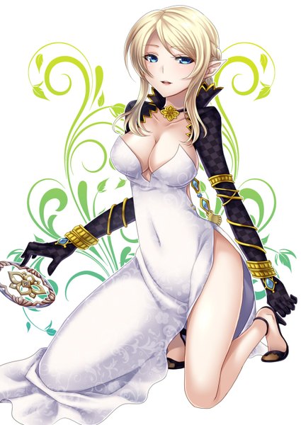 Anime picture 1062x1500 with tera online high elf soraeda single tall image looking at viewer blush short hair breasts blue eyes light erotic blonde hair large breasts cleavage pointy ears legs elf girl dress