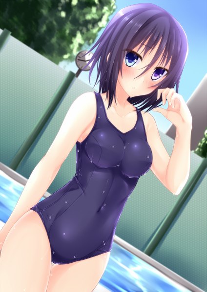 Anime picture 849x1200 with original nishi minami suterii single tall image looking at viewer blush short hair blue eyes light erotic purple eyes bare shoulders purple hair wet dutch angle heterochromia covered navel poolside girl swimsuit