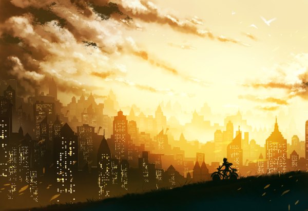 Anime picture 1463x1000 with asakawa keiji (artist) sky cloud (clouds) city evening sunset cityscape panorama ground vehicle bicycle