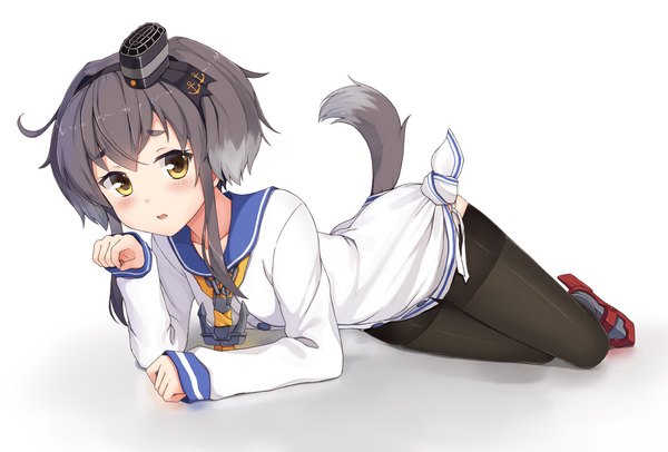 Anime picture 1300x881 with kantai collection tokitsukaze destroyer terras single looking at viewer blush short hair open mouth brown eyes animal ears tail animal tail grey hair kemonomimi mode dog ears dog tail dog girl girl thighhighs black thighhighs