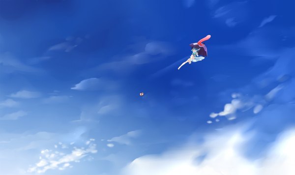 Anime picture 1500x888 with touhou tatara kogasa yamada ranga short hair open mouth wide image blue hair sky cloud (clouds) eyes closed flying landscape shoes removed > < girl dress shoes tongue umbrella