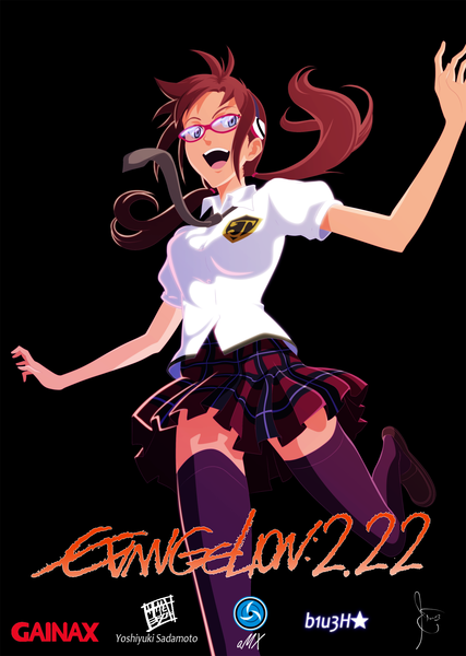 Anime picture 1399x1966 with neon genesis evangelion rebuild of evangelion evangelion: 2.0 you can (not) advance gainax makinami mari illustrious azcanon (artist) b1u3h single long hair tall image open mouth blue eyes smile brown hair ponytail pleated skirt inscription coloring black background girl