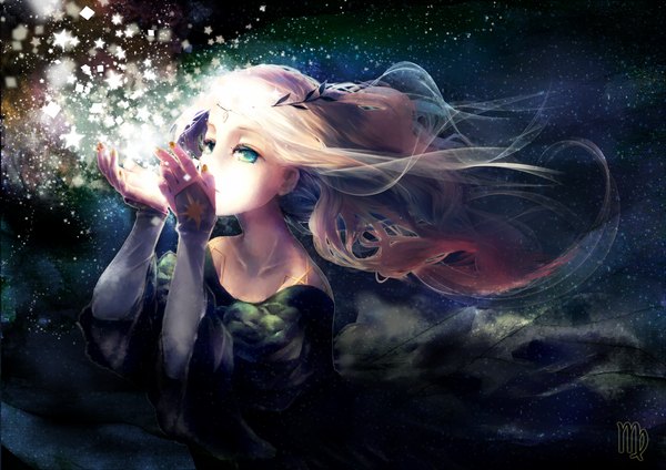 Anime picture 1753x1240 with original yukino neko single long hair highres blue eyes blonde hair signed looking away long sleeves nail polish night wide sleeves night sky girl dress star (symbol) leaf (leaves) star (stars)