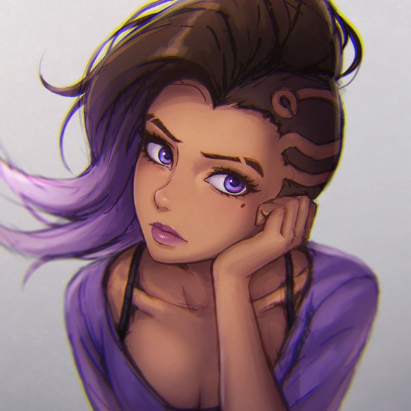 Anime picture 1000x1000 with overwatch blizzard entertainment sombra (overwatch) umigraphics single long hair looking at viewer simple background brown hair purple eyes purple hair upper body head tilt multicolored hair lips grey background mole two-tone hair alternate costume mole under eye