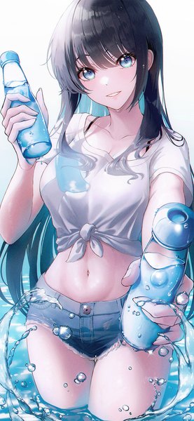 Anime picture 808x1750 with original hhl (ggul80hg58) single long hair tall image light erotic black hair smile white background holding payot shadow short sleeves wet thighs grin partially submerged outstretched hand front-tie top denim