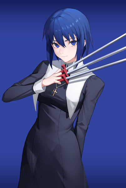 Anime picture 1794x2672 with shingetsutan tsukihime tsukihime (remake) type-moon ciel (tsukihime) drid single tall image looking at viewer fringe highres short hair blue eyes simple background hair between eyes standing blue hair blue background girl weapon cross