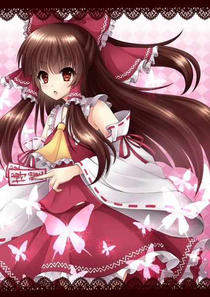 Anime picture 1500x2118 with touhou hakurei reimu rokutelie (artist) single long hair tall image black hair red eyes miko girl skirt bow hair bow detached sleeves insect butterfly skirt set