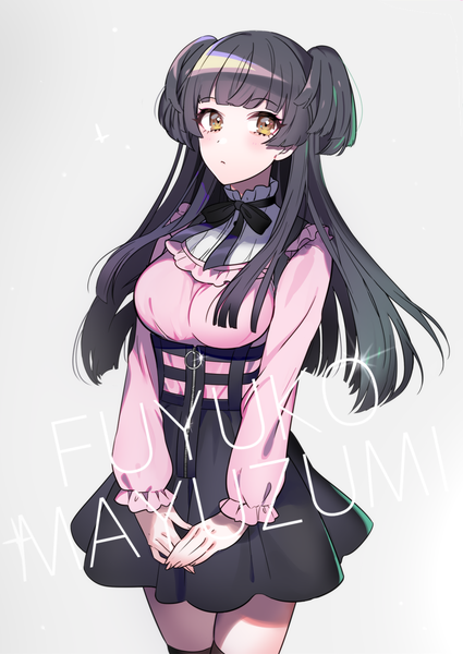 Anime picture 1200x1694 with idolmaster idolmaster shiny colors mayuzumi fuyuko yuura single long hair tall image looking at viewer blush fringe black hair simple background standing brown eyes grey background two side up character names girl thighhighs skirt