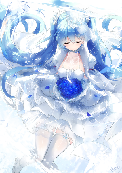 Anime picture 1442x2039 with vocaloid hatsune miku asahi kuroi single tall image blush fringe breasts hair between eyes large breasts white background twintails signed blue hair upper body eyes closed very long hair light smile sparkle zettai ryouiki