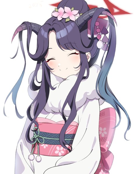 Anime picture 2119x2760 with blue archive fuuka (blue archive) fuuka (new year) (blue archive) bazz000033 single long hair tall image highres black hair simple background smile white background upper body eyes closed traditional clothes japanese clothes horn (horns) hair bun (hair buns) official alternate costume ^ ^