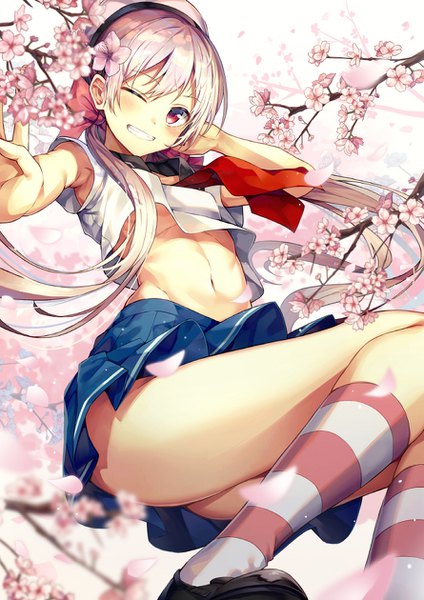 Anime picture 890x1260 with original huwari (dnwls3010) single tall image blush fringe breasts open mouth light erotic smile hair between eyes red eyes twintails bent knee (knees) outdoors very long hair pleated skirt one eye closed hair flower wink