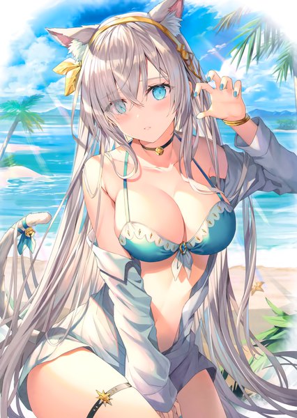 Anime picture 3298x4641 with fate (series) fate/grand order anastasia (fate) rin yuu single long hair tall image looking at viewer blush fringe highres breasts blue eyes light erotic large breasts animal ears absurdres sky cleavage silver hair