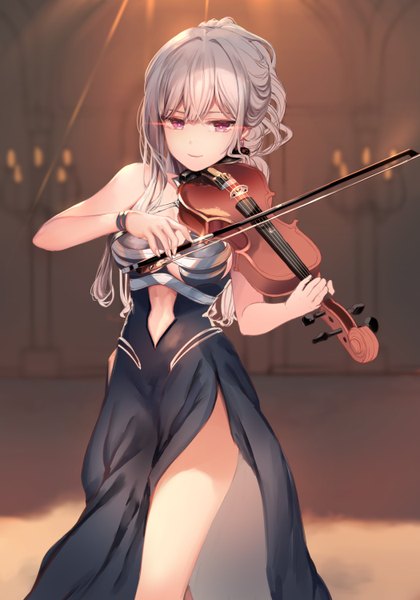 Anime picture 2100x3000 with girls frontline ak-12 (girls frontline) zerocat single long hair tall image looking at viewer fringe highres breasts light erotic large breasts standing purple eyes bare shoulders holding payot cleavage silver hair indoors