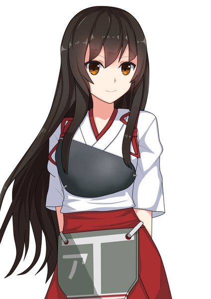 Anime picture 2480x3507 with kantai collection akagi aircraft carrier unscpro single long hair tall image fringe highres black hair simple background standing white background brown eyes looking away traditional clothes japanese clothes light smile wind short sleeves hands behind back