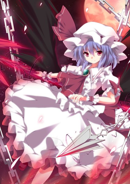 Anime picture 800x1130 with touhou remilia scarlet kurono yuzuko single tall image fringe short hair smile red eyes blue hair looking away girl weapon wings chain bonnet brooch spear the gungnir