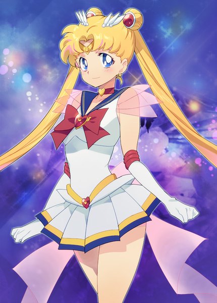 Anime picture 600x837 with bishoujo senshi sailor moon toei animation tsukino usagi sailor moon super sailor moon taki (nakochan) single long hair tall image blue eyes blonde hair standing twintails looking away light smile hair bun (hair buns) purple background sailor collar magical girl girl