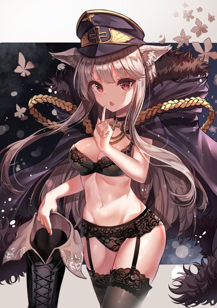 Anime picture 2100x2970 with girls frontline kar98k (girls frontline) mecha (alswp) single long hair tall image blush fringe highres breasts open mouth light erotic red eyes large breasts standing holding animal ears payot cleavage silver hair