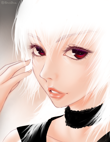 Anime picture 1400x1800 with original blasowa single long hair tall image looking at viewer fringe open mouth red eyes signed white hair parted lips lips eyebrows girl choker hand