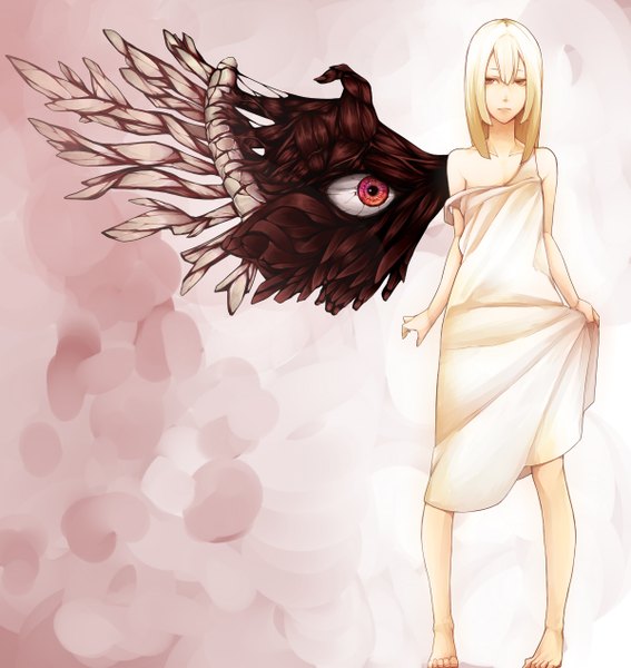 Anime picture 1200x1268 with original regura single long hair tall image fringe highres blonde hair red eyes standing bare shoulders barefoot girl dress wings clothes eyeball