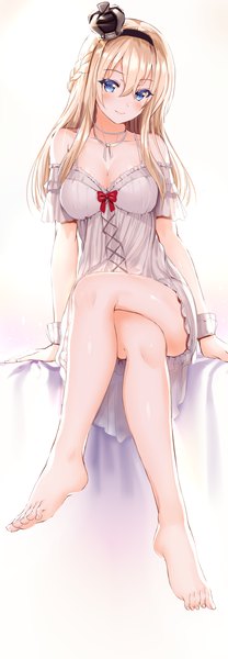 Anime picture 695x2000 with kantai collection warspite (kantai collection) arudehido single long hair tall image looking at viewer blush blue eyes light erotic blonde hair smile sitting barefoot bare legs legs girl dress crown mini crown