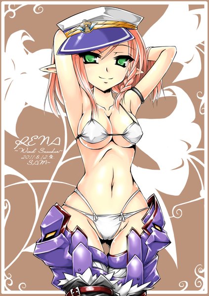 Anime picture 1200x1700 with elsword rena erindel ecell (artist) single tall image looking at viewer short hair breasts light erotic smile green eyes pointy ears orange hair armpit (armpits) arms behind head girl swimsuit bikini flat cap