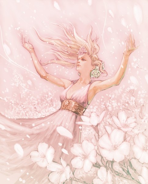 Anime picture 1210x1500 with original ikeda masateru single long hair tall image pink hair hieroglyph spread arms falling girl dress hair ornament flower (flowers) petals hairclip
