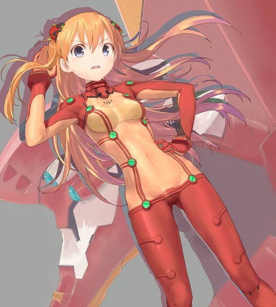 Anime picture 1260x1401 with neon genesis evangelion rebuild of evangelion evangelion: 2.0 you can (not) advance gainax soryu asuka langley eva 02 uni (plastic girl) single long hair tall image looking at viewer fringe breasts open mouth blue eyes brown hair from below covered navel girl gloves