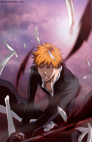 Anime picture 1000x1538 with bleach studio pierrot kurosaki ichigo aagito single tall image short hair brown eyes sky cloud (clouds) japanese clothes sunlight orange hair grin coloring magic smoke boy weapon sword