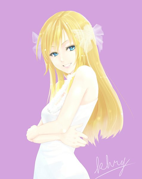 Anime picture 898x1131 with saty-rokuji (artist) single long hair tall image looking at viewer open mouth blue eyes simple background blonde hair smile bare shoulders crossed arms pink background girl dress bow hair bow white dress