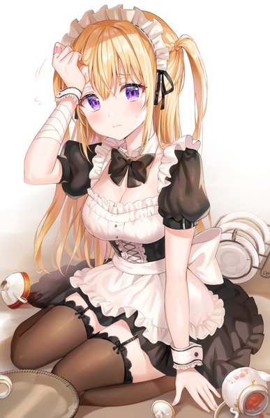 Anime picture 2493x3861 with original tokkyu single long hair tall image looking at viewer blush fringe highres breasts simple background hair between eyes white background sitting payot cleavage braid (braids) arm support short sleeves maid
